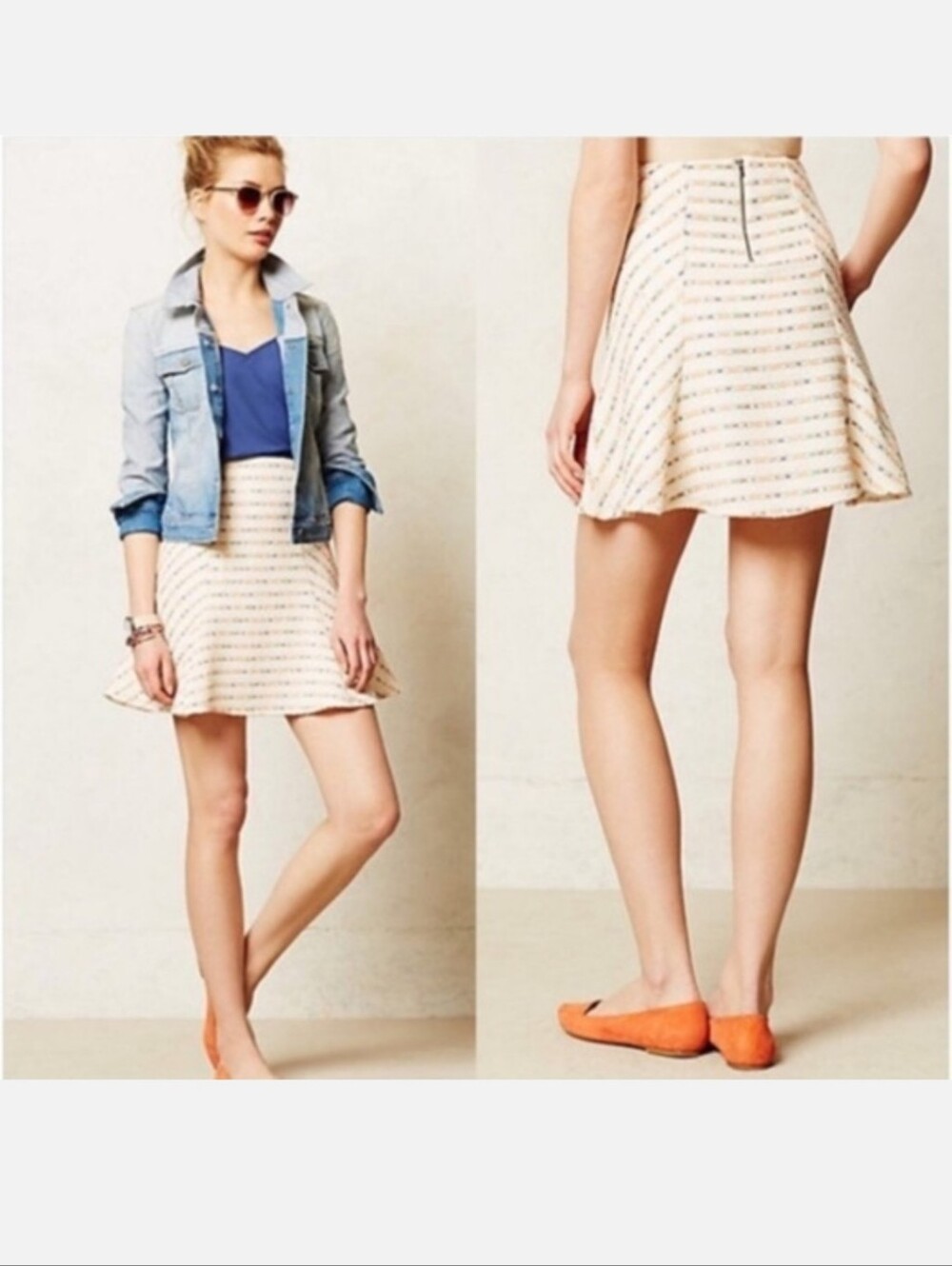 Maeve by Anthrologie Lucaya Cream Neon Striped Tweed Skater A-Line Skirt - Sz 4